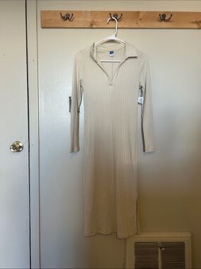 Old Navy Ribbed Collared Long Sleeve Midi Dress - Beige